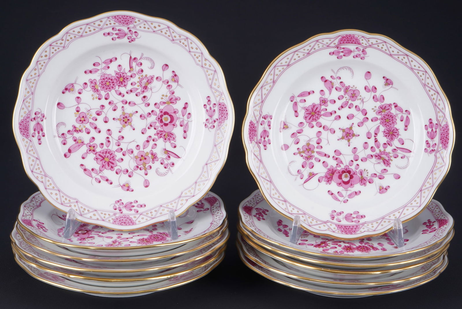 Meissen Indisch Purple Rich 12 dessert plates 1st choice,: porcelain, blue sword mark 1st choice, decor Indian Purple Rich, decor no. 343410 / 50b, 12x D 16 cm