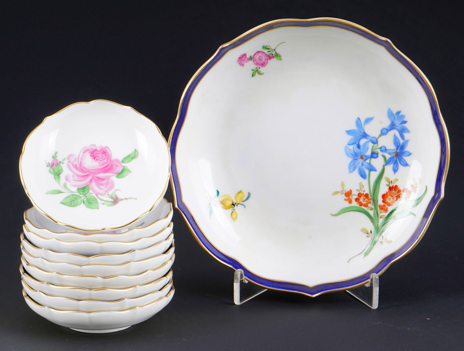 Meissen Flower with royal blue rim / Rose 10 bowls, (1 of 6)