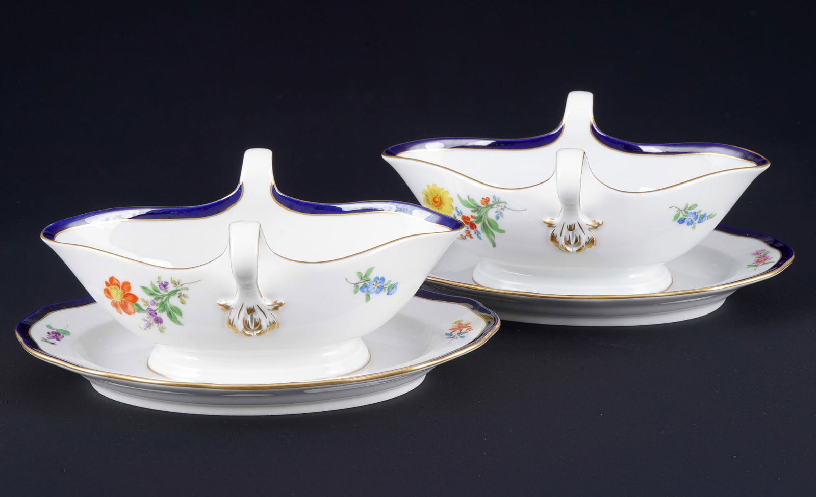 Meissen Flower with royal blue rim 2 gravy boats, (1 of 3)