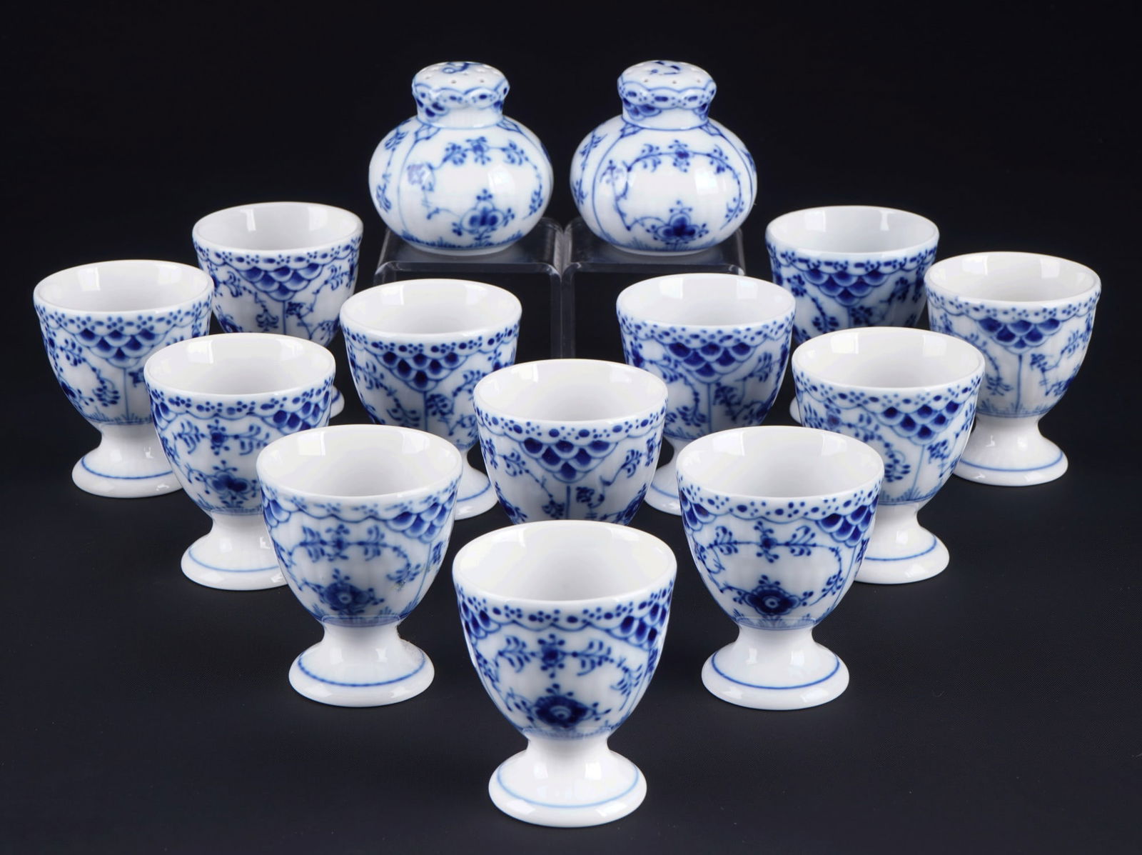 Royal Copenhagen Musselmalet 12 egg cups with salt and pepper casters, (1 of 4)