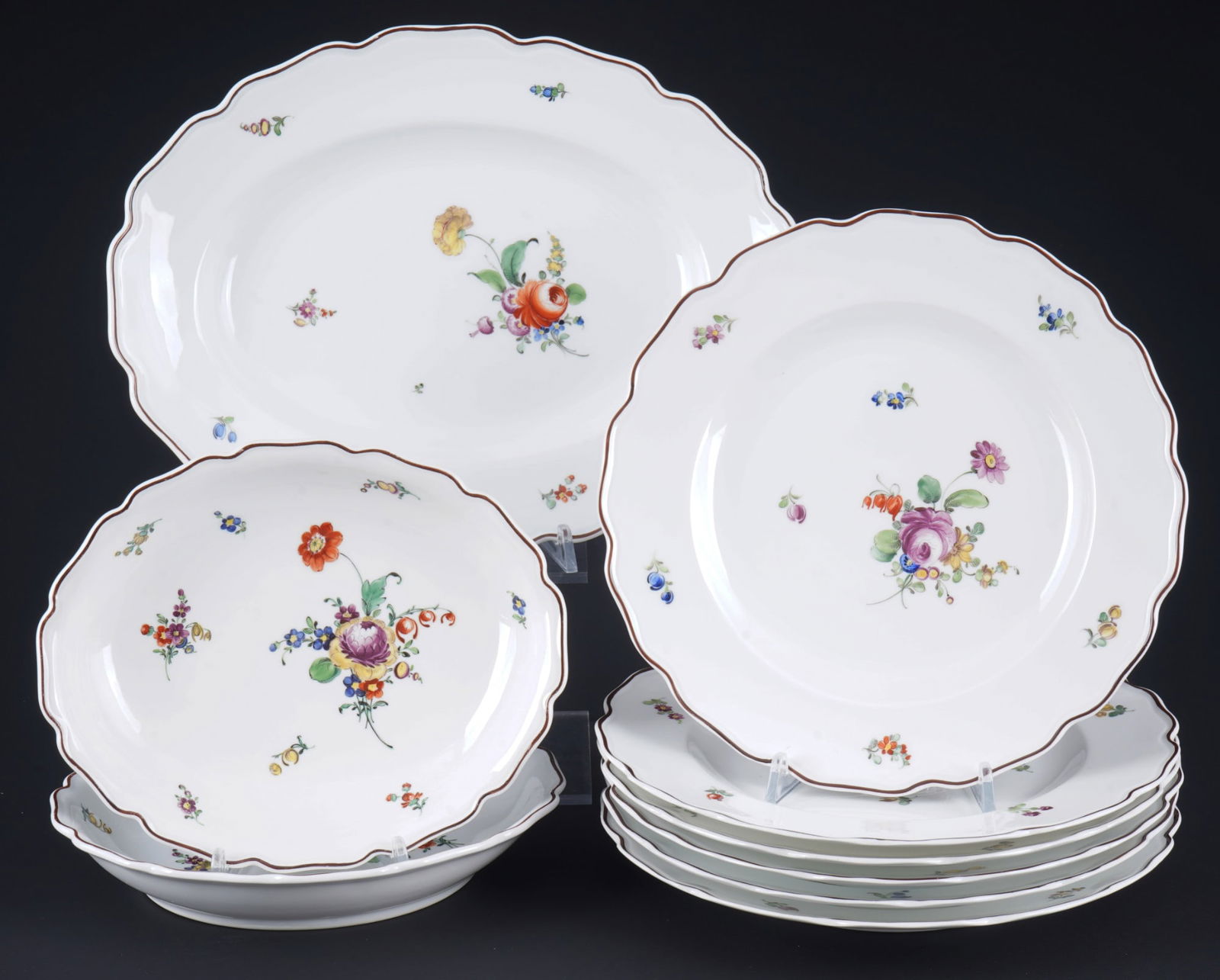 Nymphenburg Flowers with brown Rim dinnerware, (1 of 8)