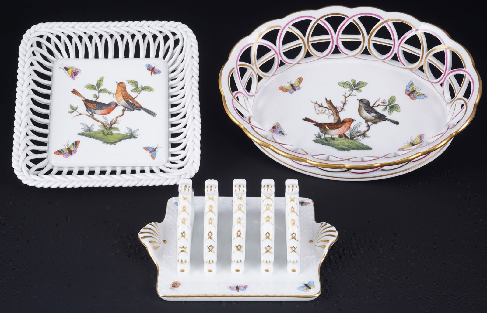 Herend Rothschild 2 cutwork baskets and toast rack, (1 of 7)