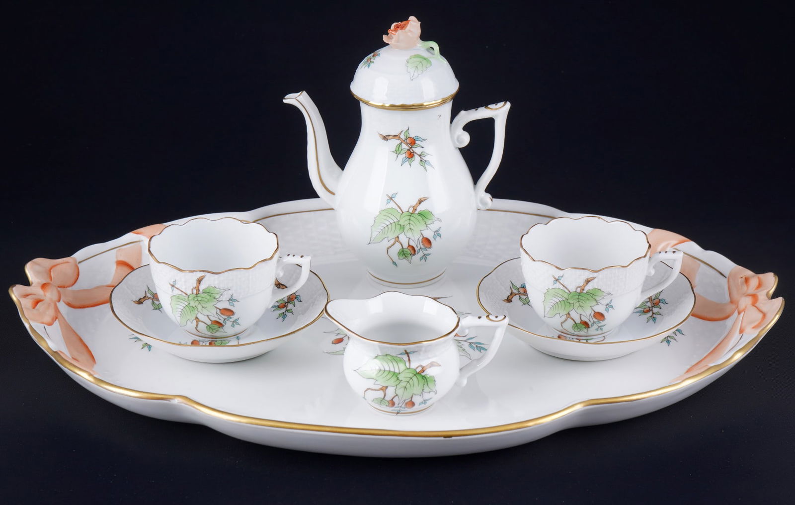 Herend Rosehip mocha set for 2 persons,: 7-piece porcelain, Hungary 20th century, blue company mark - student mark, decor Rosehip, 1x mocha pot H 15 cm x D 7.5 cm, 1x milk jug H 5 cm x D 5.5 cm, 2x mocha cups H 5.5 cm x D 6.5 cm, 2x saucers