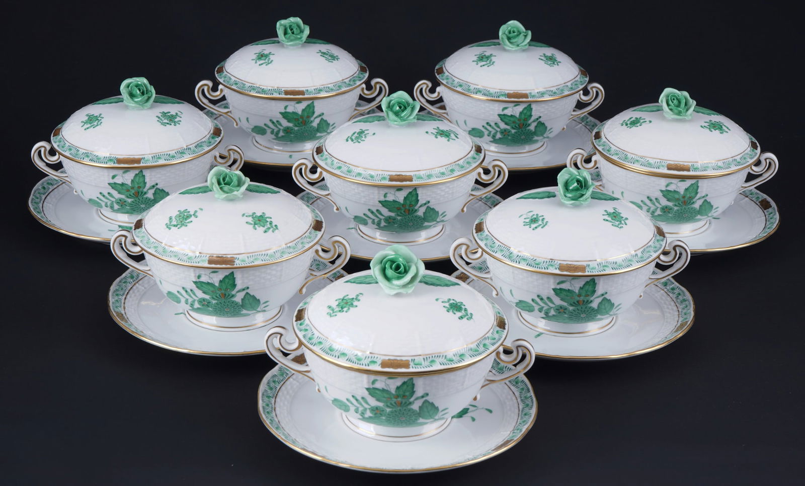 Herend Apponyi Vert 8 lidded soup bowls, (1 of 3)