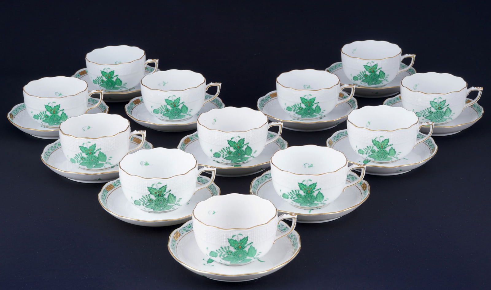Herend Apponyi Vert 12 tea cups with saucers, (1 of 3)