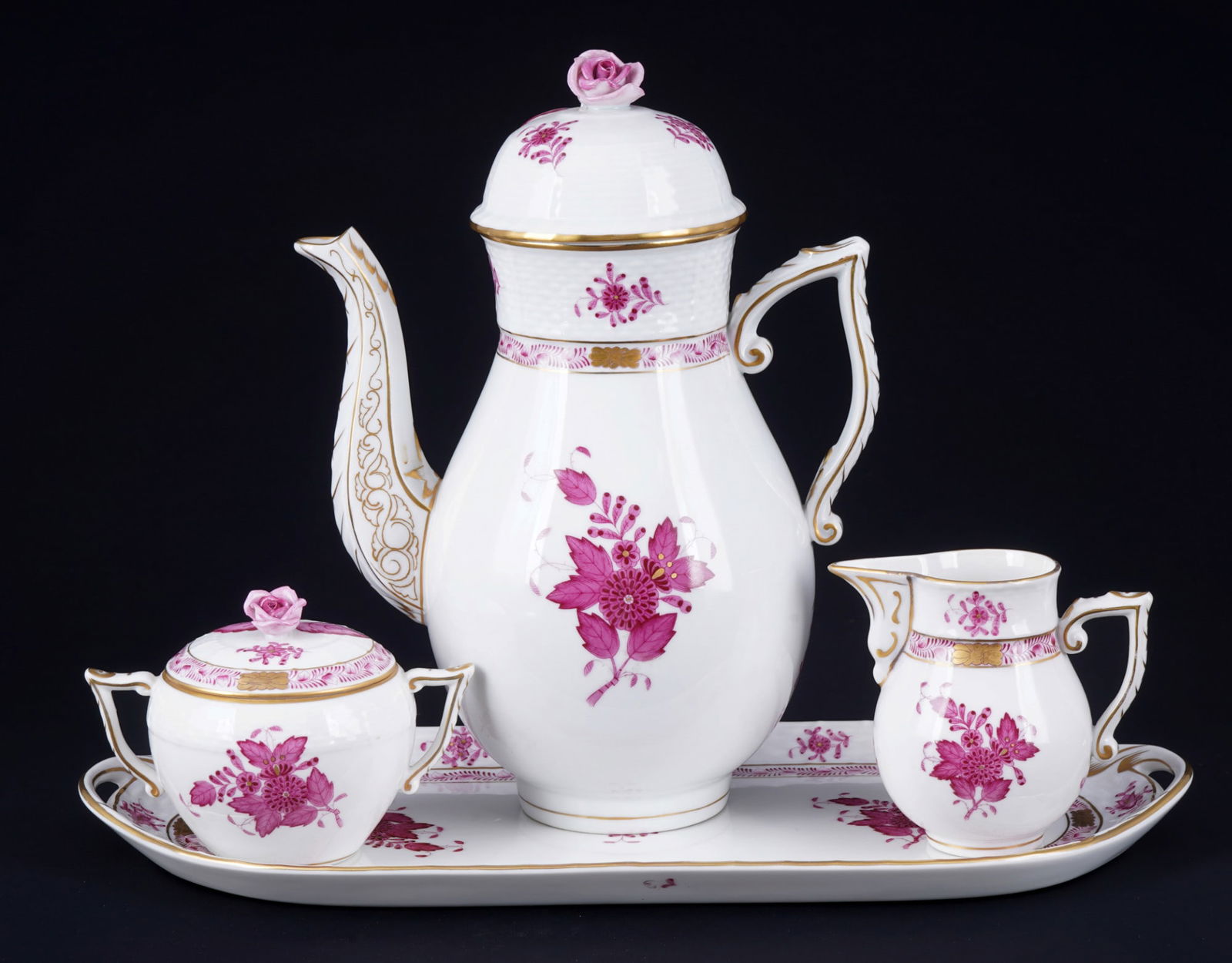 Herend Apponyi Purple 4-piece coffee set,: 4-piece porcelain, Hungary 20th century, blue company mark, decor AP Apponyi Purple, 1x coffee pot #611 H 25.5 cm x D 12.5 cm, 1x milk jug #635 H 9 cm, 1x sugar bowl #666 H 9 cm x D 8.5 cm, 1x platter