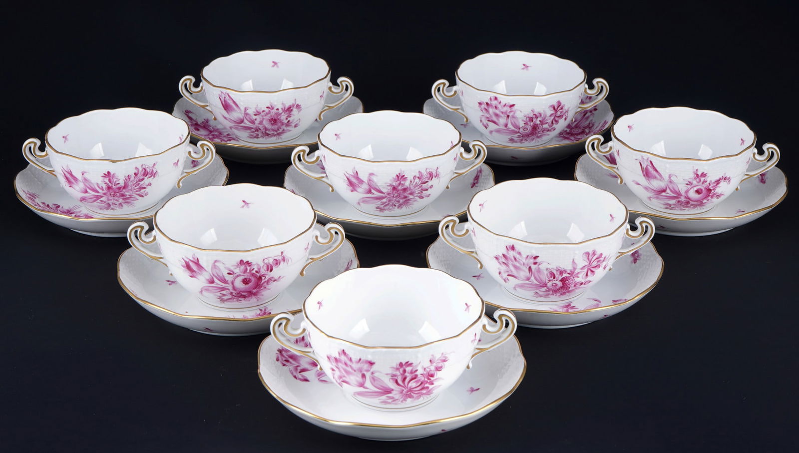 Herend Bouquet De Tulipe Purple 8 soup bowls,: 16-piece porcelain, Hungary 20th century, blue company mark, decor BTP Bouquet De Tulipe Purple Camaieu, 8x soup bowls #718 H 6 cm x D 11 cm, 8x saucers #702 D 16.5 cm, slight abrasion