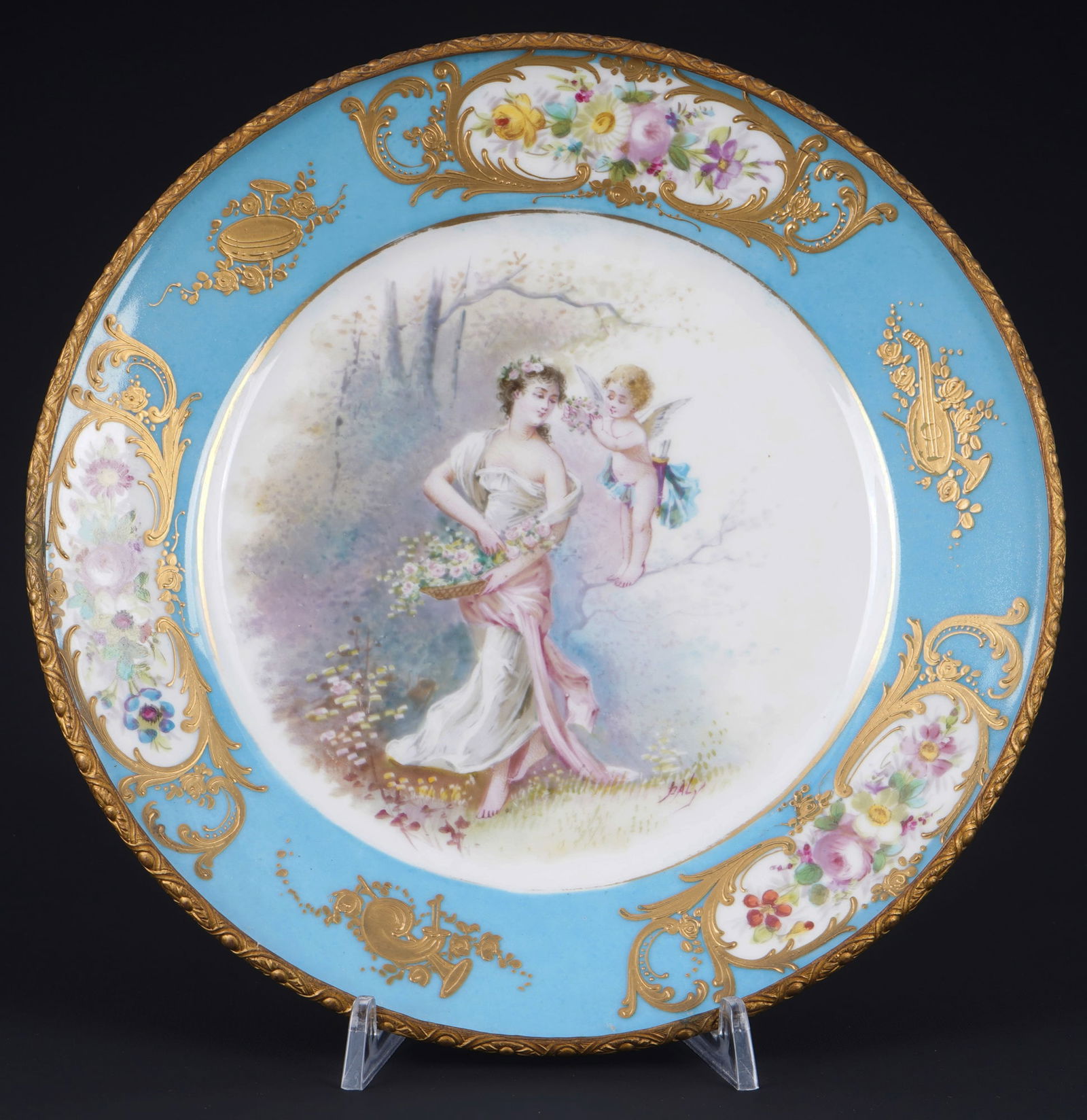 Limoges Sèvres style splendid plate with young lady and cupid,: porcelain, green Limoges company mark with blue Sevres "H" mark, decor with young lady and cupid, plate flag in turquoise (Bleu Céleste), with fine gold ornaments, D 24 cm