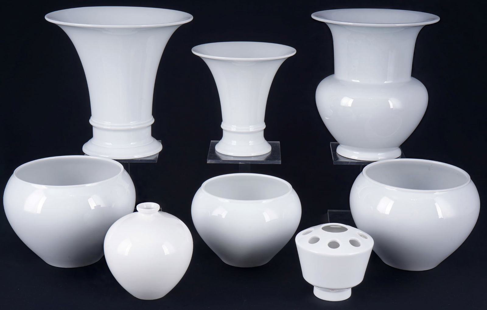 KPM Berlin White 6 vases,: porcelain, Royal Porcelain Manufactory Berlin, blue sceptre mark, decor White - various shapes, 1x funnel vase H 18.5 cm x D 20 cm, 1x vase H 19 cm x D 17 cm, 1x funnel vase H 14 cm x D 14 cm, 2x vase