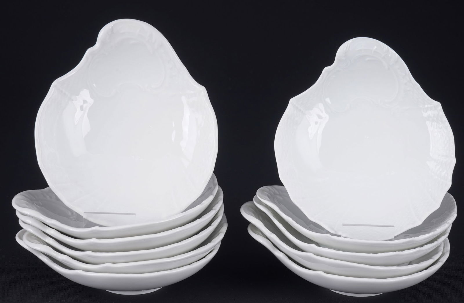 KPM Berlin Rocaille 11 shell confectionery bowls,: porcelain, Royal porcelain Manufactory Berlin, blue scepter mark, decor Rocaille white - shell shape, 11x L 12 cm x D 10.5 cm