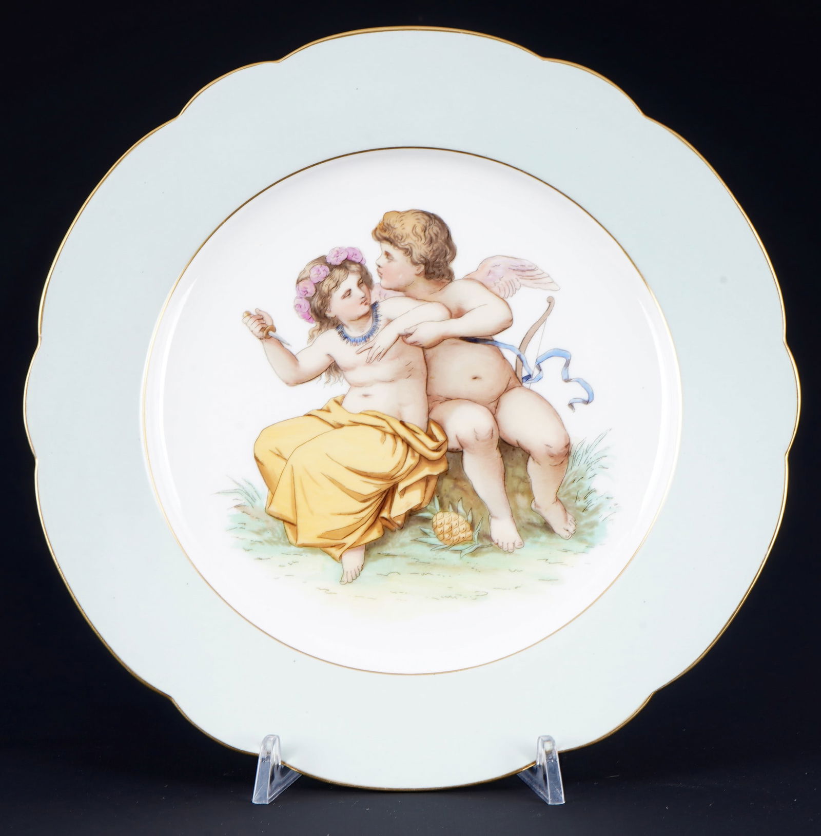KPM Berlin Angel splendid plate,: porcelain, Royal porcelain Manufactory Berlin, blue sceptre mark with red imperial orb, decor cherub scenery, plate flag in pastel green, D 24 cm