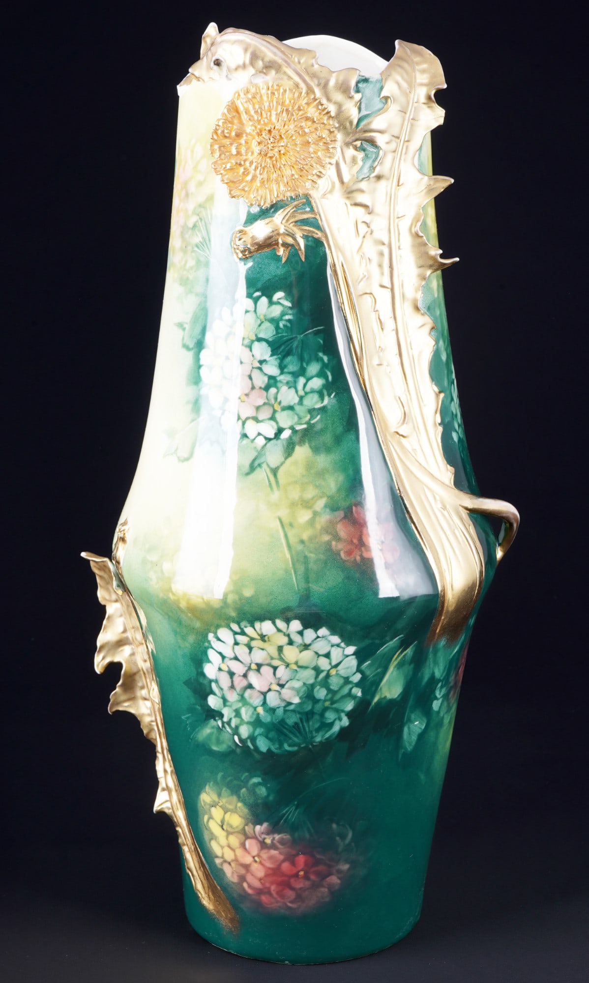 Karlovy Vary Art Nouveau hydrangea splendid vase with applied flower,: porcelain, green company mark c. 1900, hydrangeas decor on a green ground with gold applied flower and foliage, H 42 cm x D 17 cm, gold abrasion, breaks at the flower and foliage