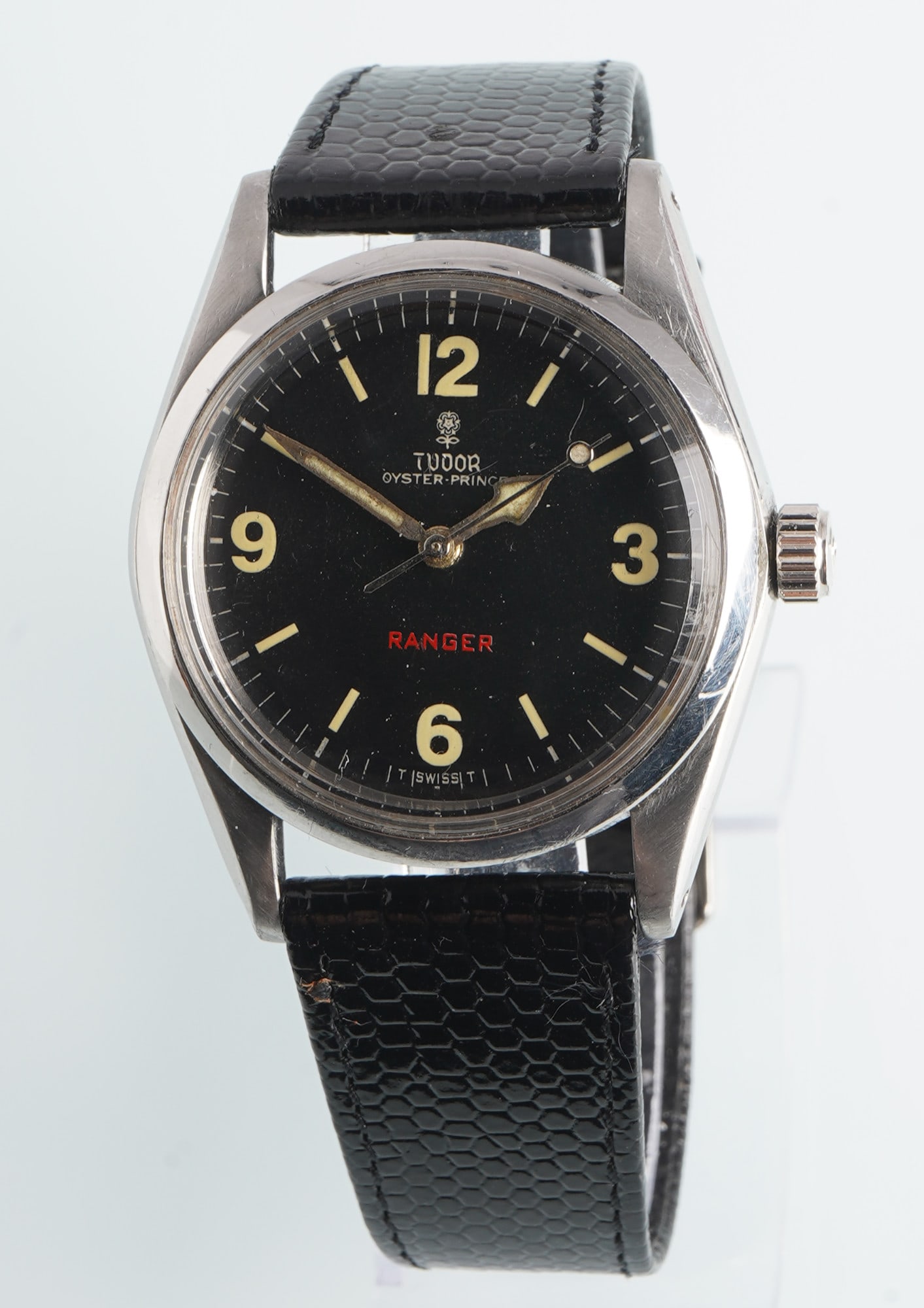 Tudor Oyster Prince Ranger wristwatch - case by Rolex,: Stainless steel case, marked on the back "Original Oyster Case by Rolex Geneva", crown with Rolex crown, 1960s/70s, black dial with rose logo (pre-1969), Arabic numerals and baton indices, original Tu