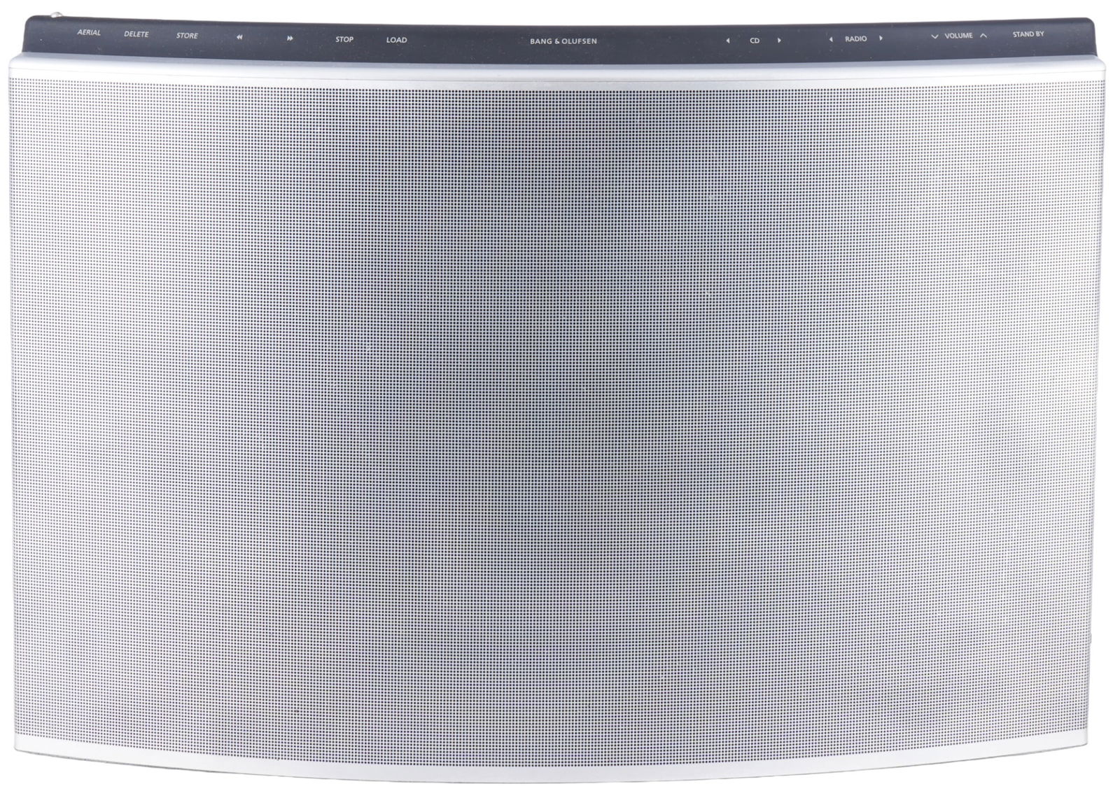 Bang & Olufsen BeoSound 1,: Aluminum casing and plastic, CD player, FM radio and integrated speakers, H 35 cm x W 51 cm, runs and plays but without testing or warranty, front panel slightly loose