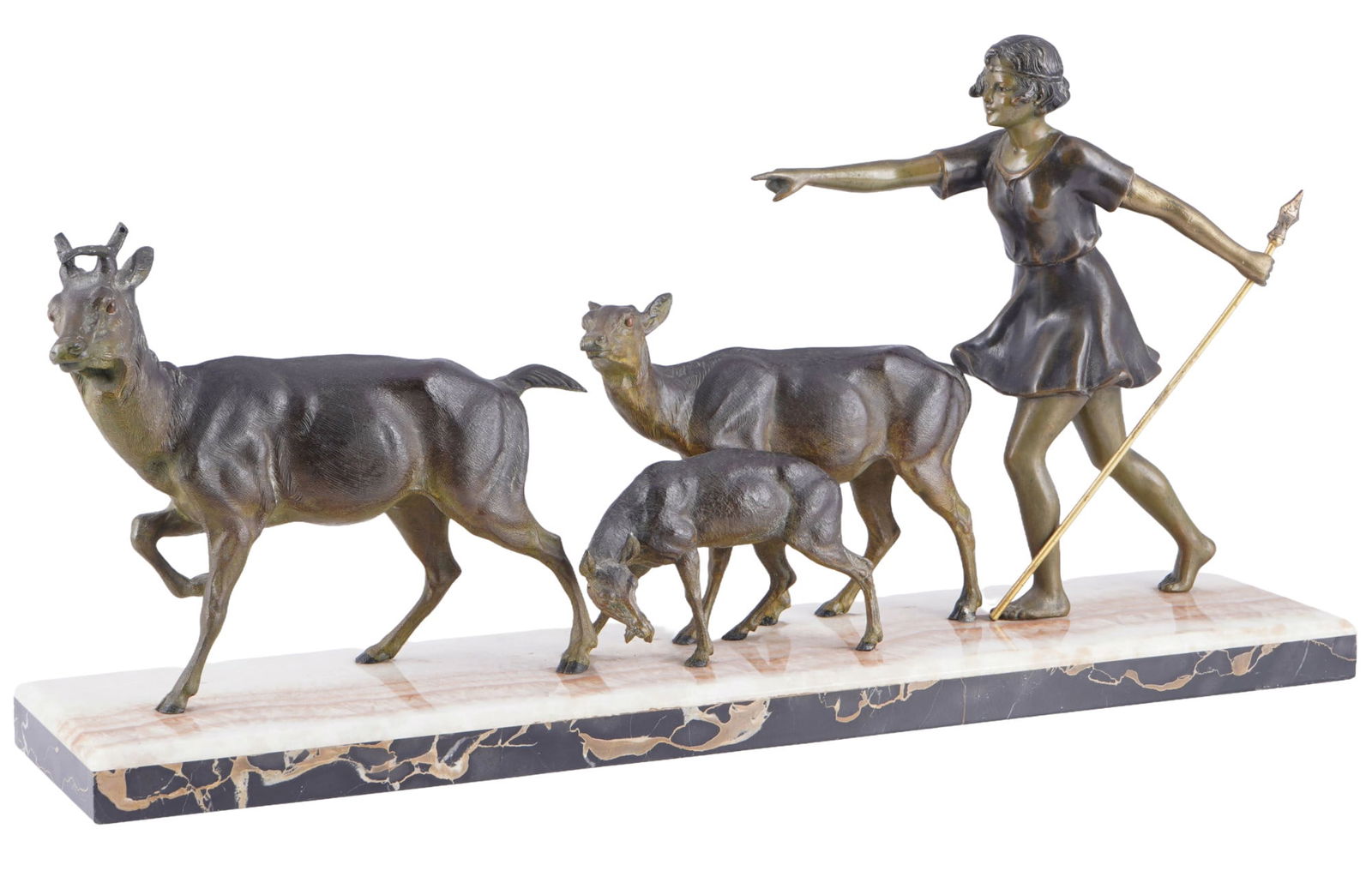 Art Deco sculpture c. 1930 - Diana with three deer, probably by Ugo CIPRIANI (1887-1960),: zinc casting with dark patina, Art Deco c. 1930, no visible signature, attributed to the Italian sculptor and artist Ugo CIPRIANI (1887-1960) on a marble base, fully sculpted with the huntress goddess