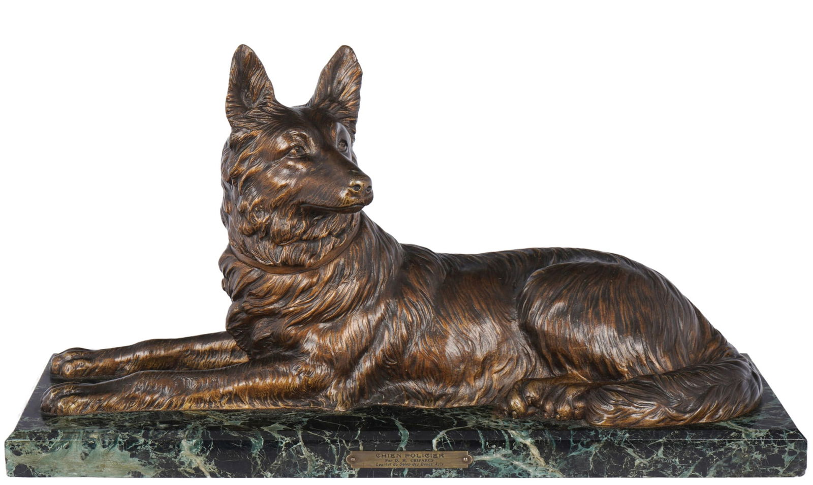 Dimitri Chiparus (1886-1947) Bronze Chien Policier - Police Dog: Bronze on a green-veined marble base, France circa 1930, inscribed on the plaque "Chien Policier – Par D. H. Chiparus – Lauréat du Salon des Beaux-Arts", Romanian sculptor and ceramicist born