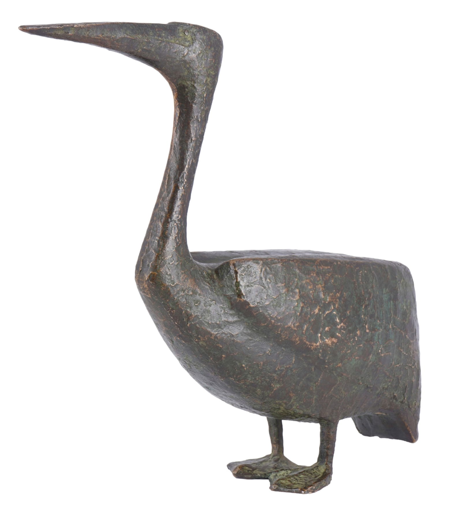 Eva MAZZUCCO (1925-2013) bronze pelican 1965,: bronze, patinated, design by Eva MAZZUCCO (1925-2013) c. 1965, monogrammed EM on the chest, austrian sculptor and graphic artist, depiction of a pelican, underneath with sticky note, H 26 cm x W 27.5