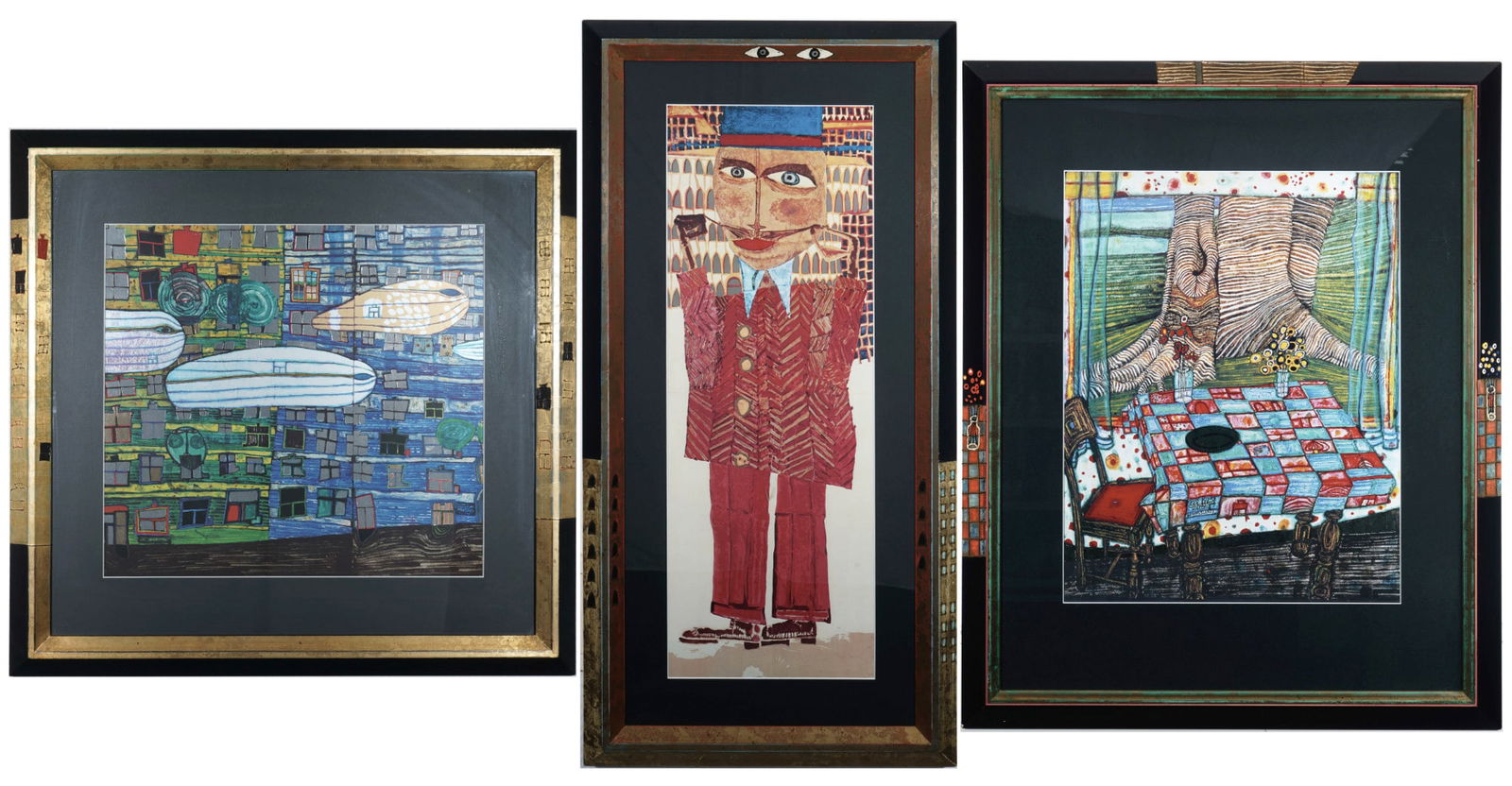Friedensreich HUNDERTWASSER (1928-2000) Three prints in a motif frame, (1 of 9)