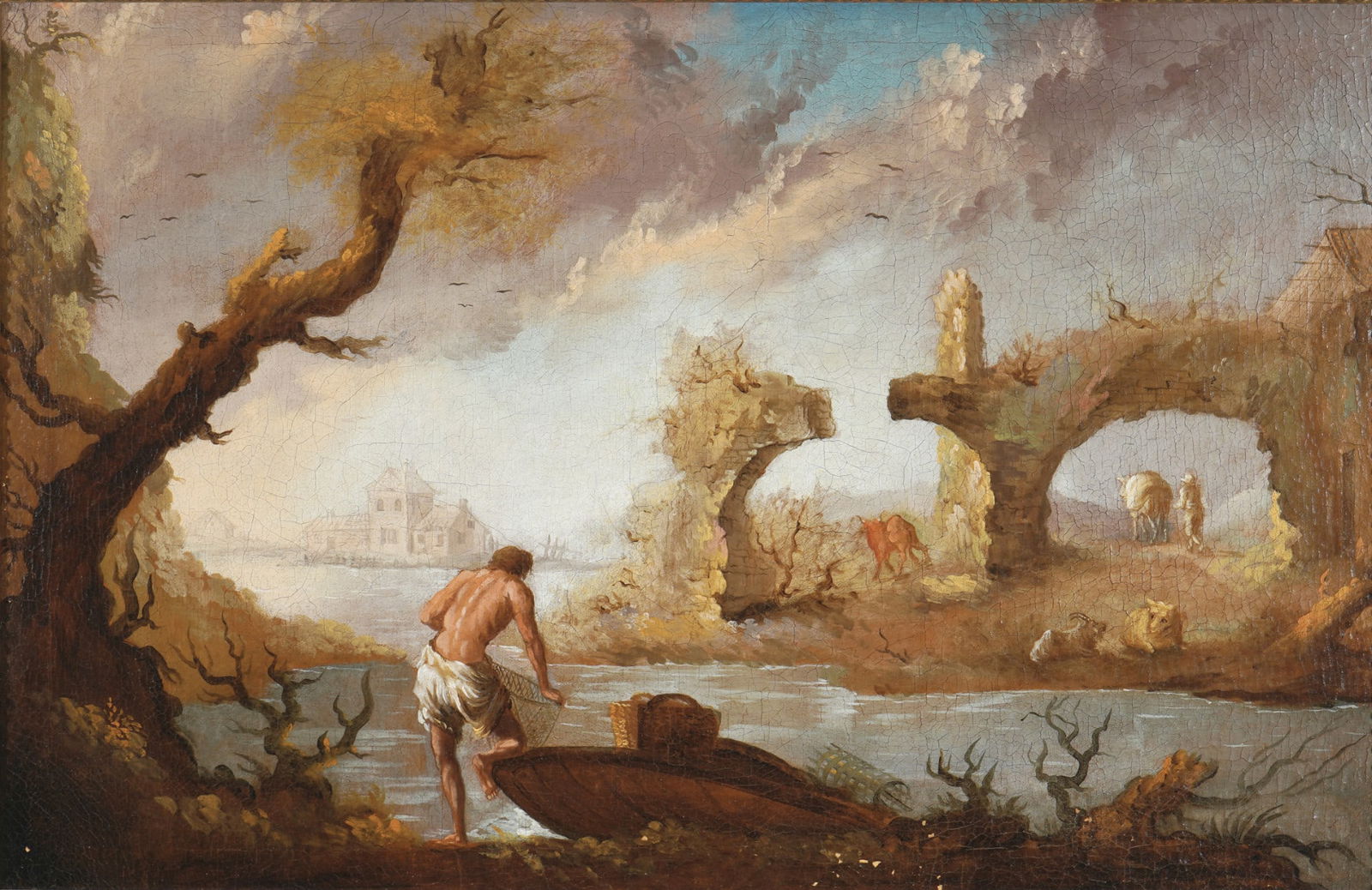Italian School 18th century - River landscape with fisherman and ancient ruins, (1 of 7)