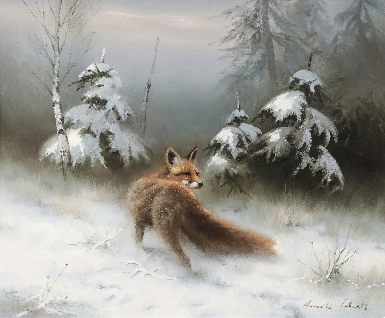 Arnold SCHATZ (1929-1999) Fox in the Winter Forest,: Oil on canvas, signed lower right Arnold Schatz, German painter born 1929 Stepenitz - 1999 Bielefeld, H 50 cm x W 60 cm, frame 65 x 75 cm