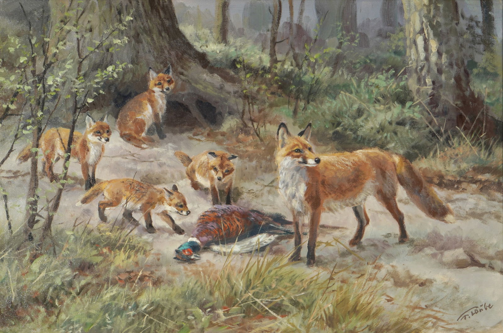 Fritz Laube (1914-1993) Fox pack with killed pheasant in the forest, (1 of 7)