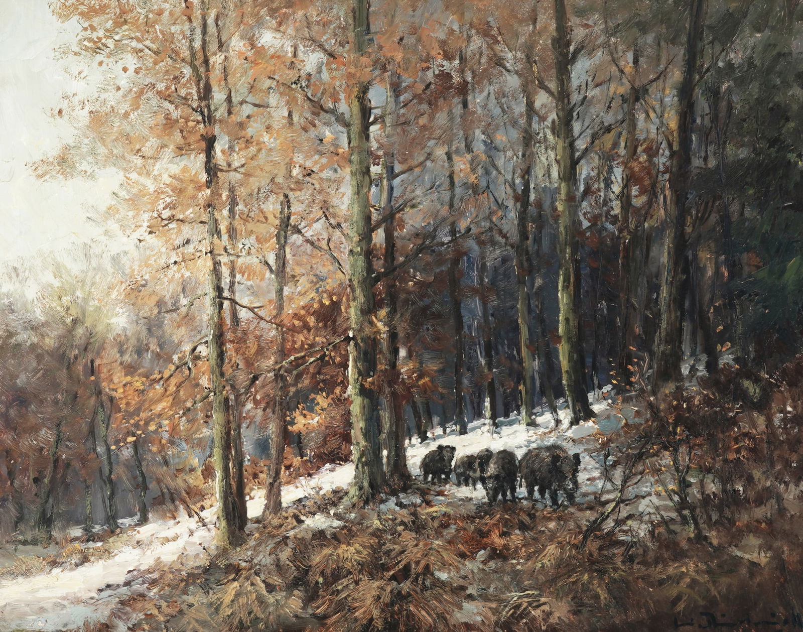 Unknown painter - signed - Wild boars on a snowy slope (1 of 7)