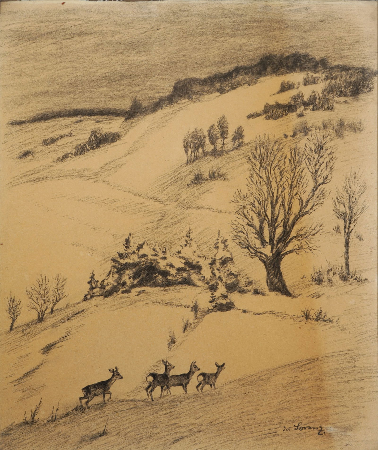 Willi Lorenz (1901-1981) Wide winter landscape with deer, (1 of 4)