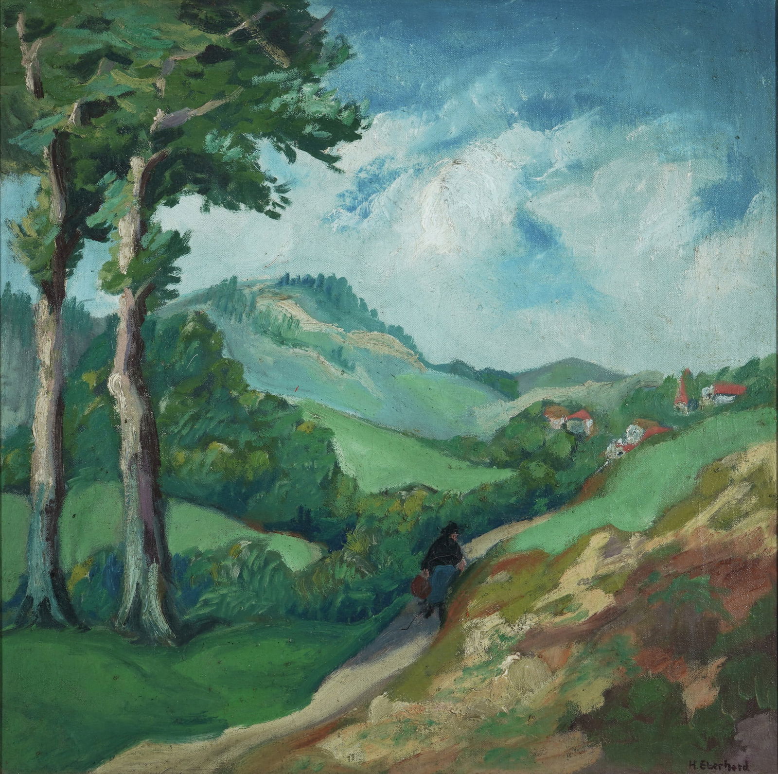 Heinrich Eberhard (1884-1973) Summer hilly landscape with hiker,: Oil on canvas, signed lower right H. Eberhard, German painter born 1884 in Ellwangen an der Jagst - 1973 in Stuttgart, H 60 cm x W 60 cm, frame 63 x 63 cm