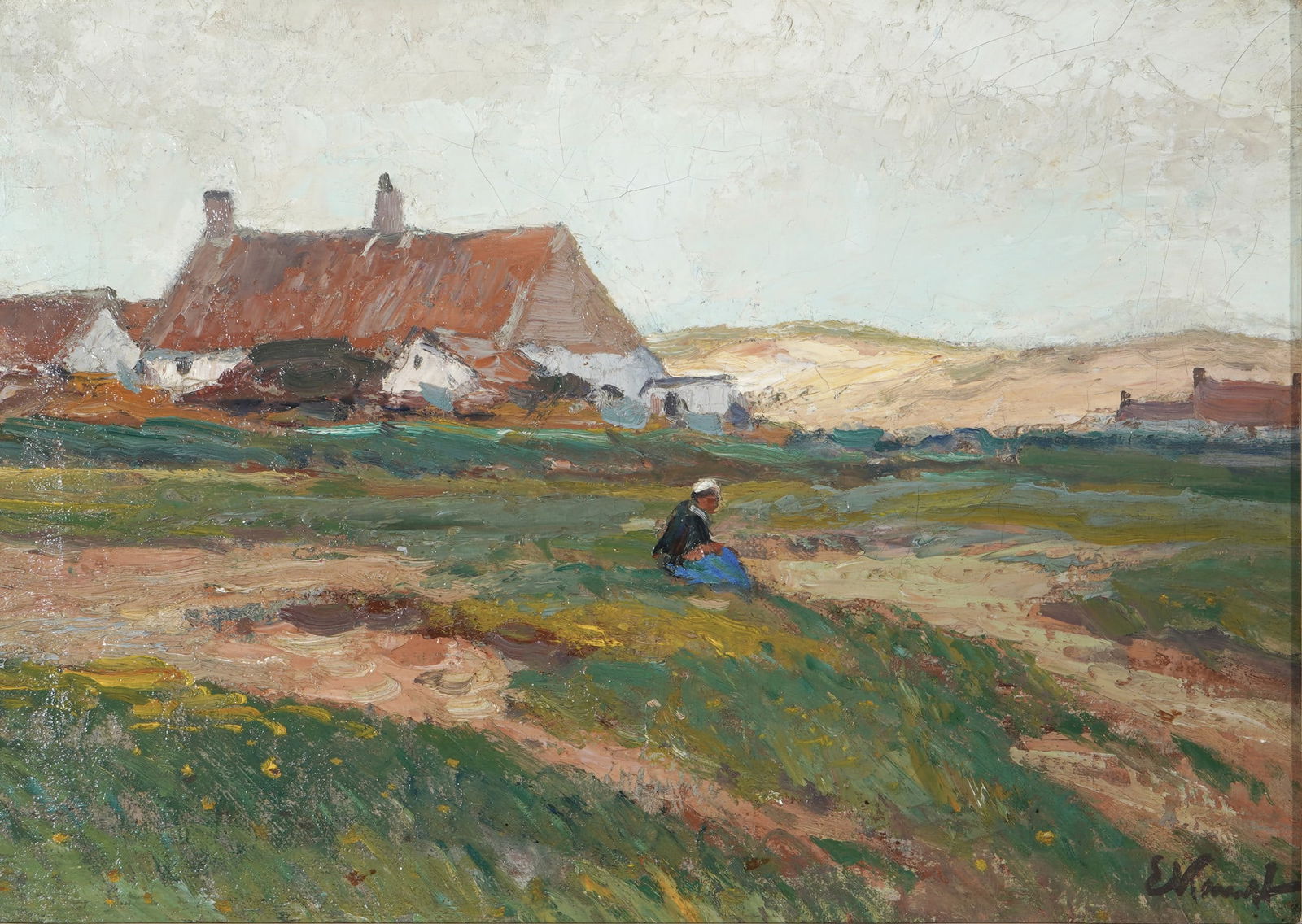 Eugen KAMPF (1861-1933) Peasant woman on a green meadow in front of a farmstead,: Oil on canvas, signed lower right E. Kampf, German painter of the Düsseldorf School, born 1861 in Aachen - 1933 Düsseldorf, H 33.5 cm x W 46.5 cm, framed 46 cm x 59 cm, craquelure