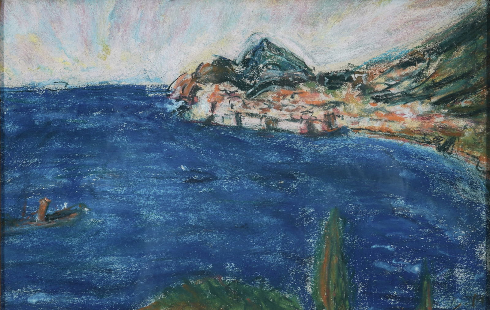Ivo Hauptmann (1886-1973) Italian coastal landscape,: Pastel/paper, monogrammed lower right I H, German painter born 1886 in Erkner near Berlin - 1973 Hamburg, H 24.5 cm x W 37.5 cm, framed behind glass 31.5 x 45 cm