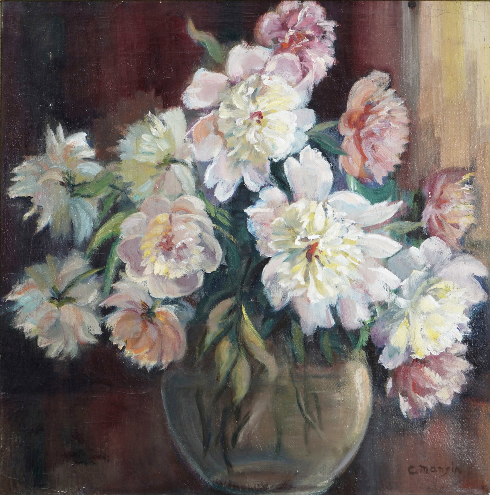 Charles MANGIN (1892-1977) Flower Still Life,: Oil on canvas, signed lower right C. Mangin, Belgian painter, born 1892 - 1977, H 55 cm x W 55 cm, framed 65.5 x 65.5 cm, craquelure at the edges, slight retouching