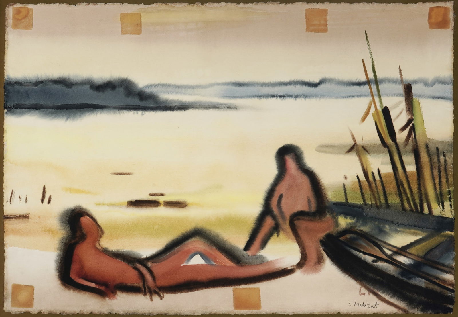 Lothar Malskat (1913-1988) Resting Rowers,: Watercolor on laid paper, signed L. Malskat, German painter, born 1913 in Königsberg - died 1988 in Wulfsdorf near Lübeck, sheet size 56 cm high x 80 cm wide, framed and glazed 85 cm x 106 cm