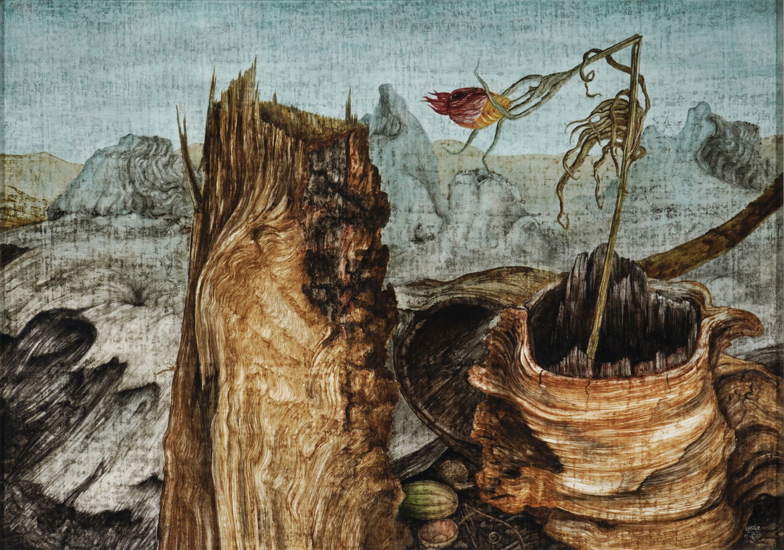 Manfred EBSTER (1941-2012) Ephemeral Blossom 1973,: Oil on wood, signed and dated lower right Ebster 1973, surrealist still life with tree stump and wilting plant, Austrian painter born 1941 in Frastanz/Vorarlberg - 2012 Vienna, H 25 cm x W 35 cm,