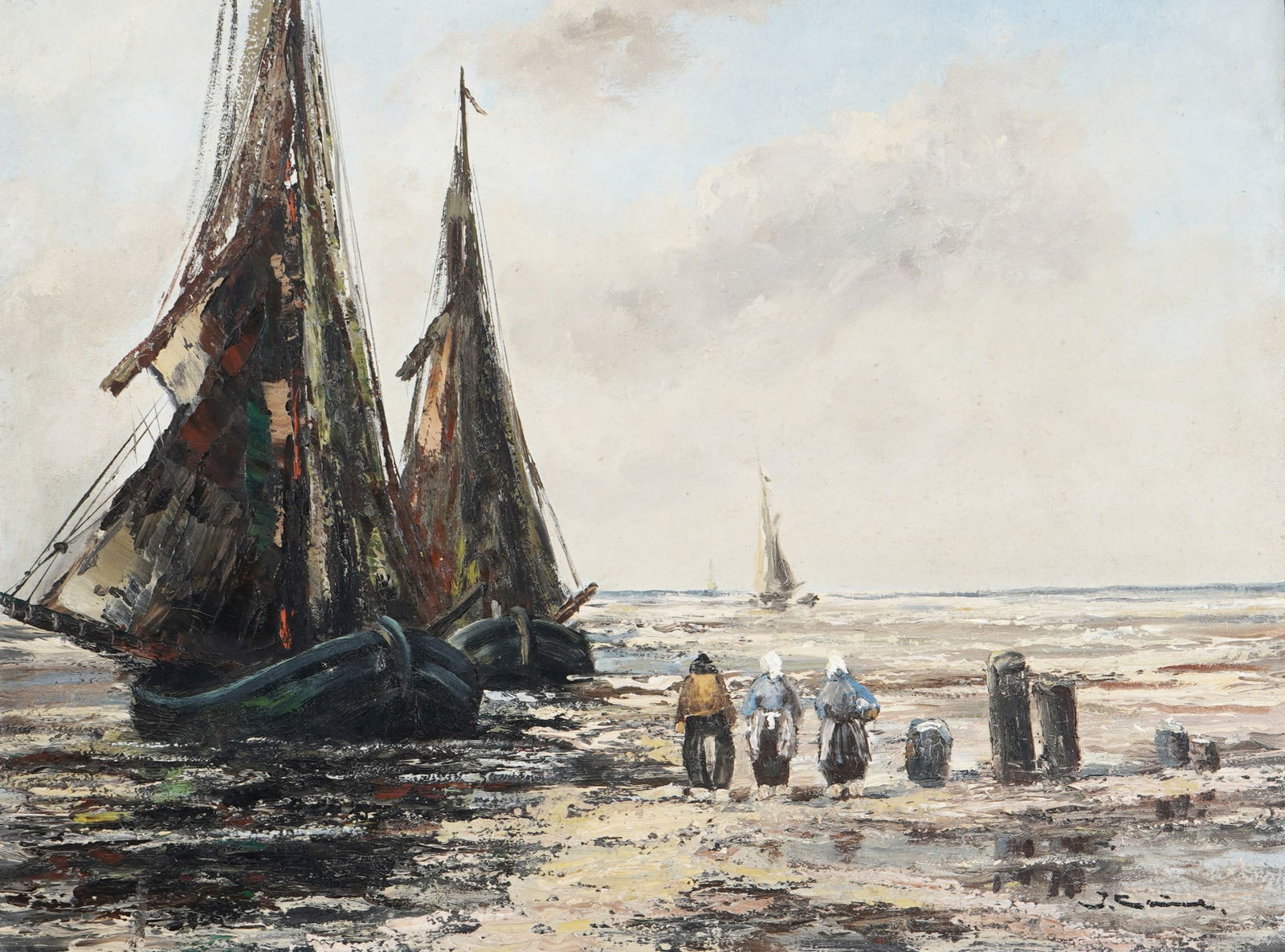 Jean COUNE (1900-1963) Returning Fishing Boats,: oil on canvas, signed lower right J. Coune, Düsseldorf painter, born 1900 Düsseldorf - 1963 Düsseldorf, H 60 cm x W 80 cm, frame H 82.5 cm x W 103.5 cm