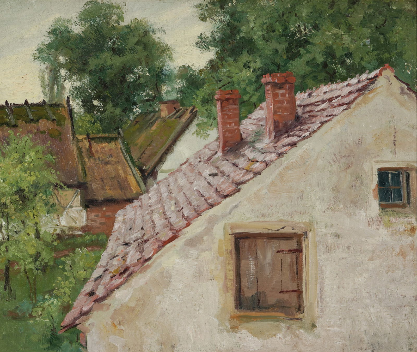 Hugo KÖCKE (1874-1956) Sylt with village houses in the countryside,: Oil on canvas, with estate stamp on the reverse, signed lower right (signature no longer legible), German painter and graphic artist, born 1874 in Berlin - died 1956 in Westerland/Sylt, H 28 cm x W
