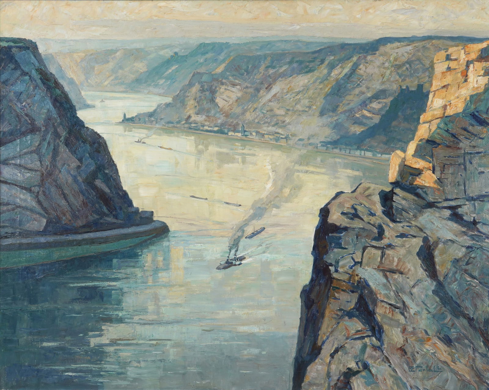 Erich VON PERFALL (1882-1961) View from the Loreley across the Rhine,: Oil on canvas, signed lower right E.v. Perfall, old label on the reverse, German landscape painter and draftsman, born 1882 in Düsseldorf - 1961 Düsseldorf, H 80 cm x W 100 cm, framed 99 cm x 119 cm