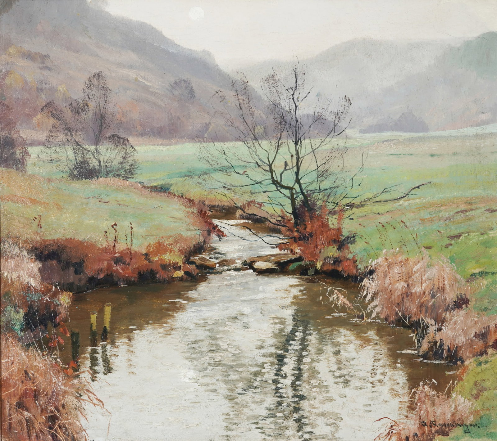 Alfred RASENBERGER (1885-1949) Spring Landscape with Stream,: Oil on wood, signed lower right A. Rasenberger, German painter of the Düsseldorf Academy, born 1885 Düsseldorf - 1949 Düsseldorf, H 34 cm x W 37.5 cm, framed 45 x 49 cm, minor retouching