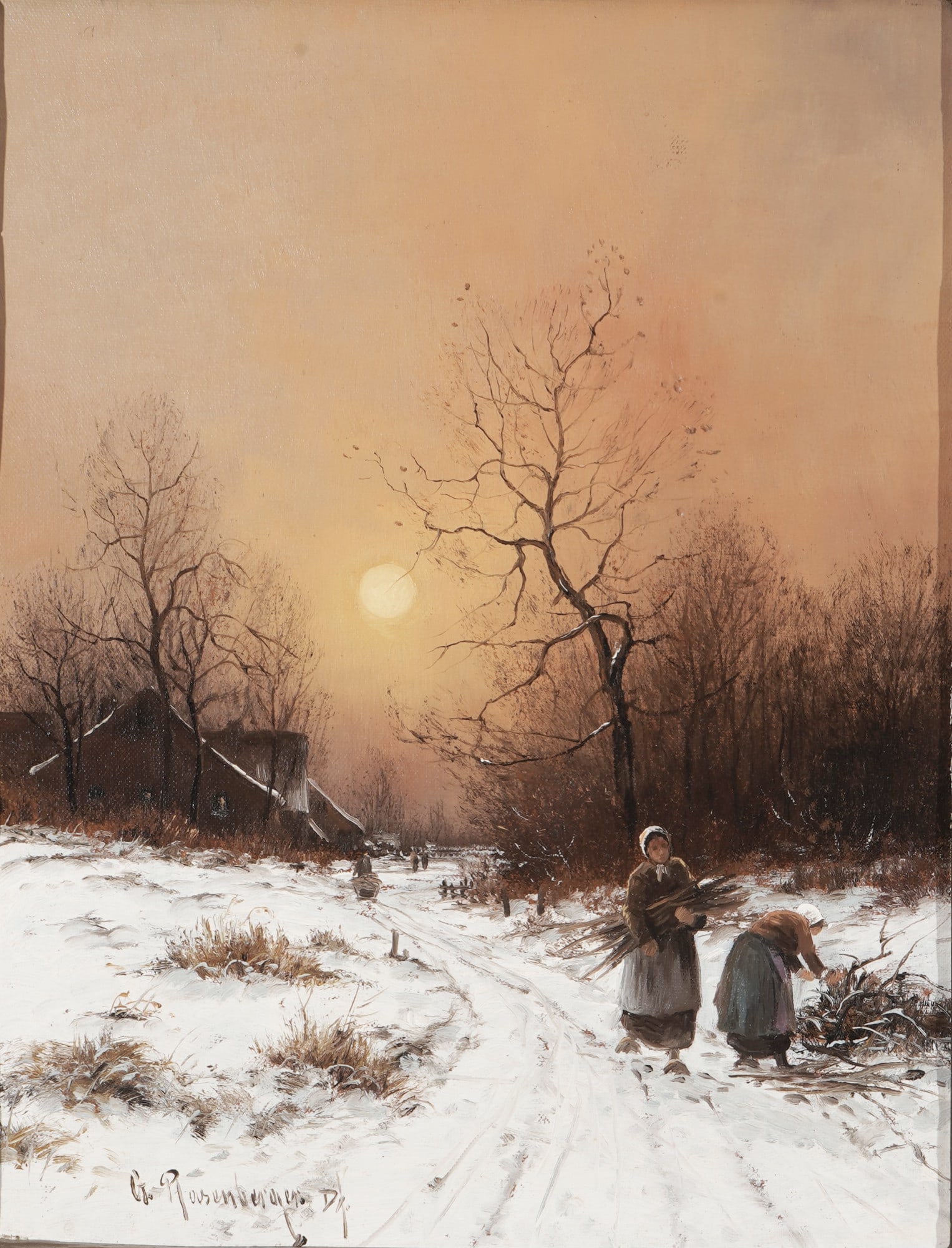 Gernot RASENBERGER (*1943 Düsseldorf) Winter Evening with Wood Collectors,: Oil on canvas, signed lower left G. Rasenberger, Düsseldorf painter, studied at the Krefeld Art School and the Düsseldorf Art Academy, grandson of the Düsseldorf landscape painter Alfred