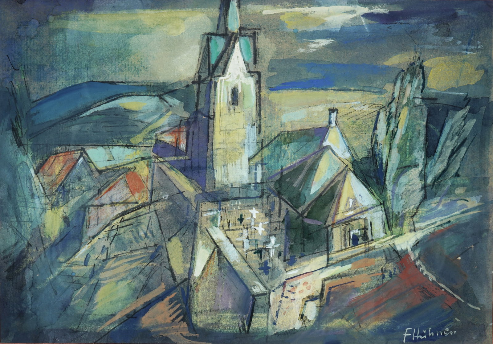 Fritz HUHNEN (1895-1981) Church tower with surrounding landscape, (1 of 3)