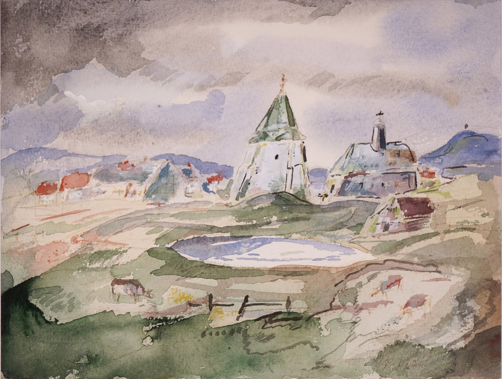 Fritz HUHNEN (1895-1981) Landscape with fortified tower and chapel, (1 of 3)