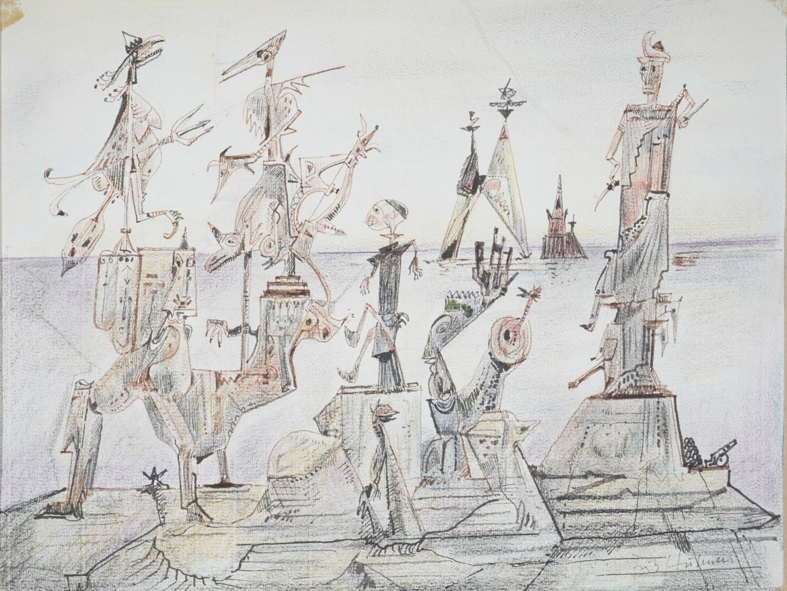 Fritz HUHNEN (1895-1981) Stage design with people and figures on the shore, (1 of 3)