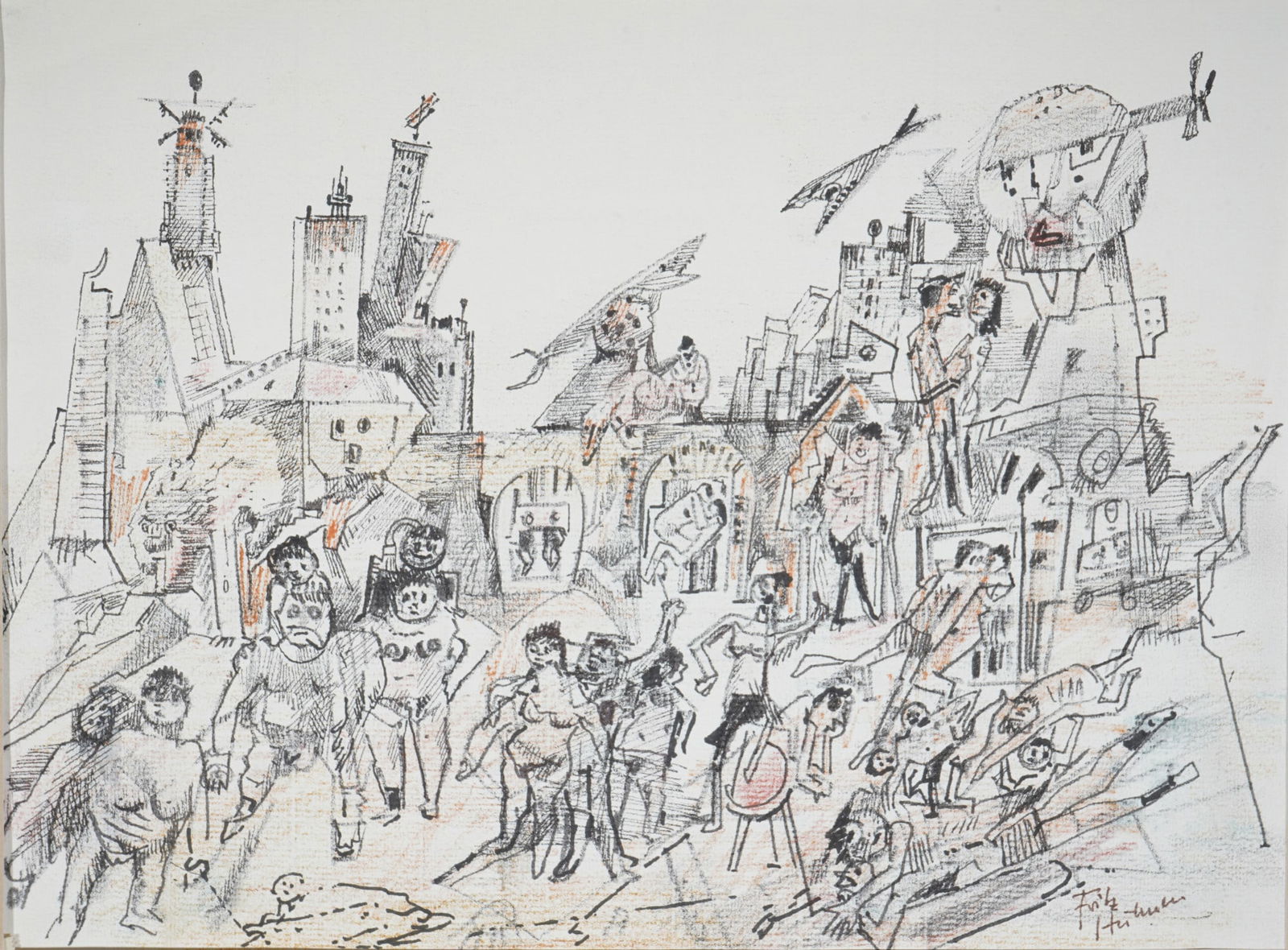 Fritz HUHNEN (1895-1981) Scene with figures and architecture, (1 of 3)