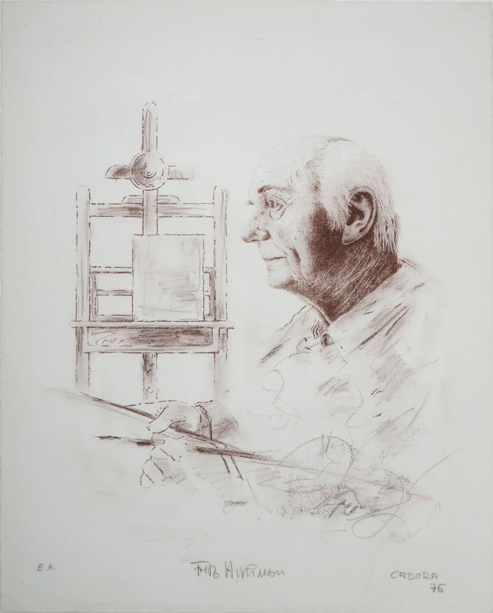 Georg CADORA (1939-2011) Portrait Fritz HUHNEN,: Red chalk and pencil on paper, signed and dated Cadora (19)75 lower right, also titled Fritz Huhnen and additionally marked E.A. (Epreuve d’artiste) on the left, sheet H 49 cm x W 39 cm, matted on f