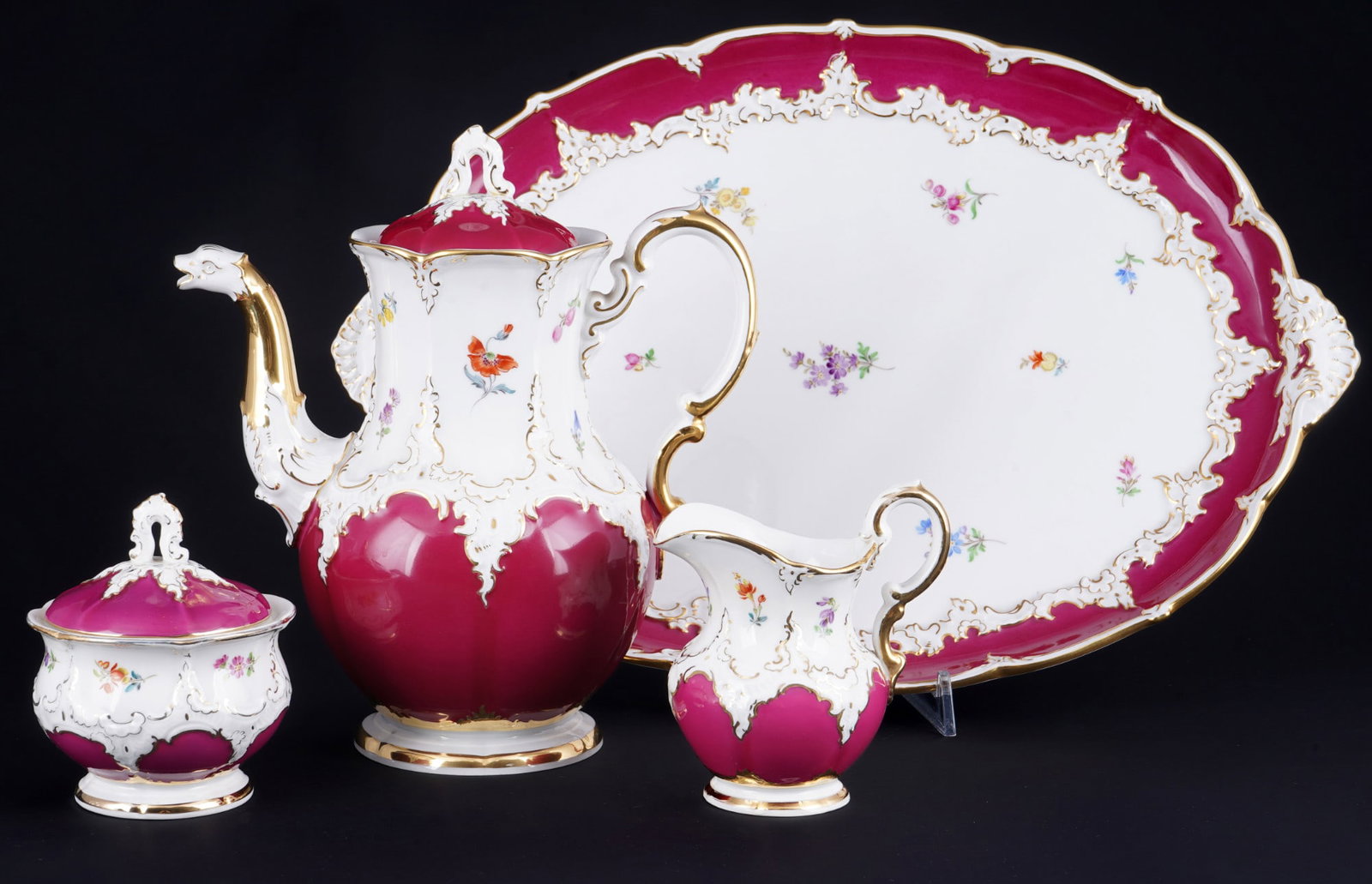 Meissen B-Form purple coffee set on tray, (1 of 9)