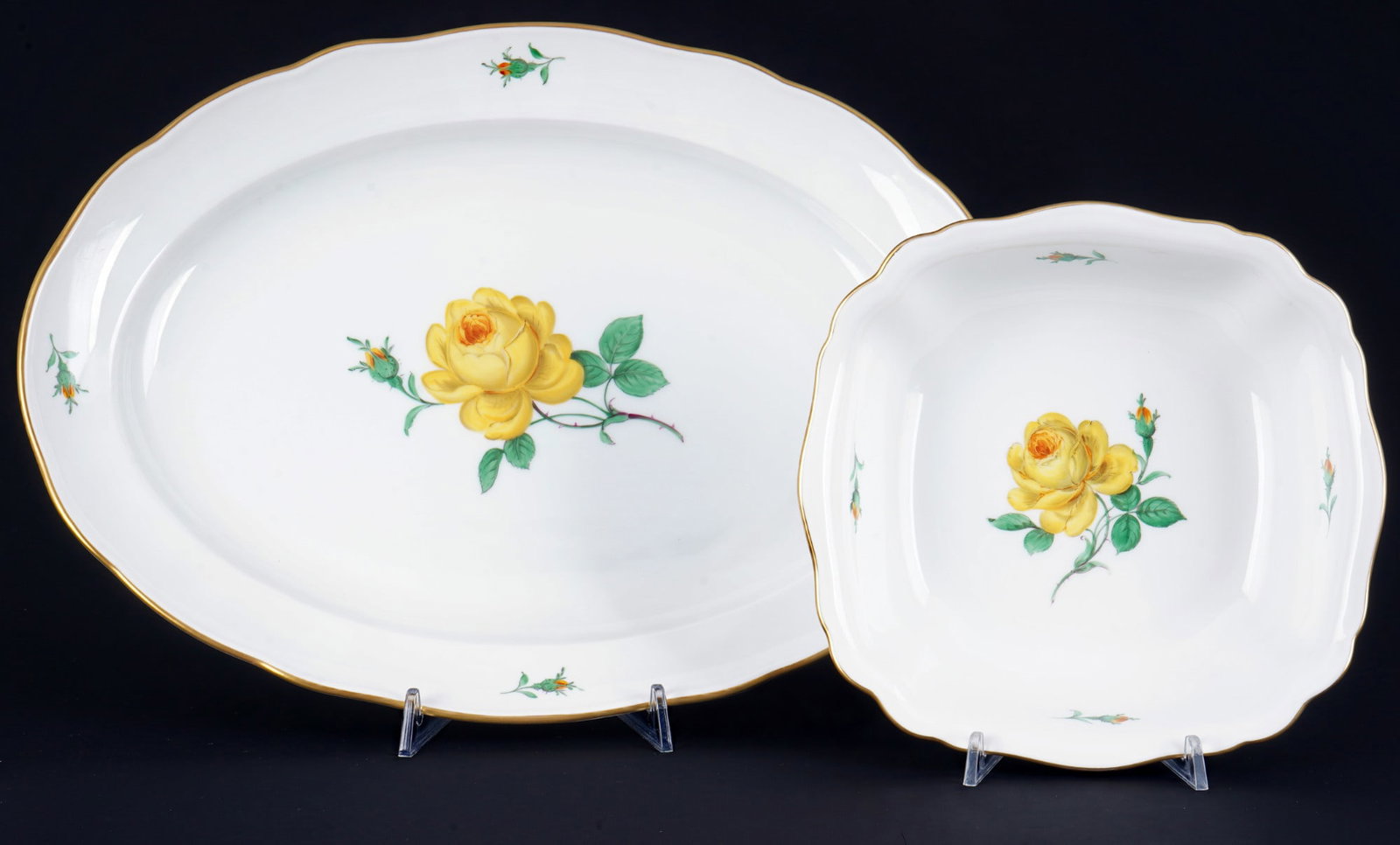 Meissen Yellow Rose large platter with bowl,: porcelain, blue sword mark with two grinding strokes 2nd choice, decor Yellow Rose, 1x platter W 42 cm x D 30.5 cm, 1x bowl H 6.5 cm x W 22.5 cm