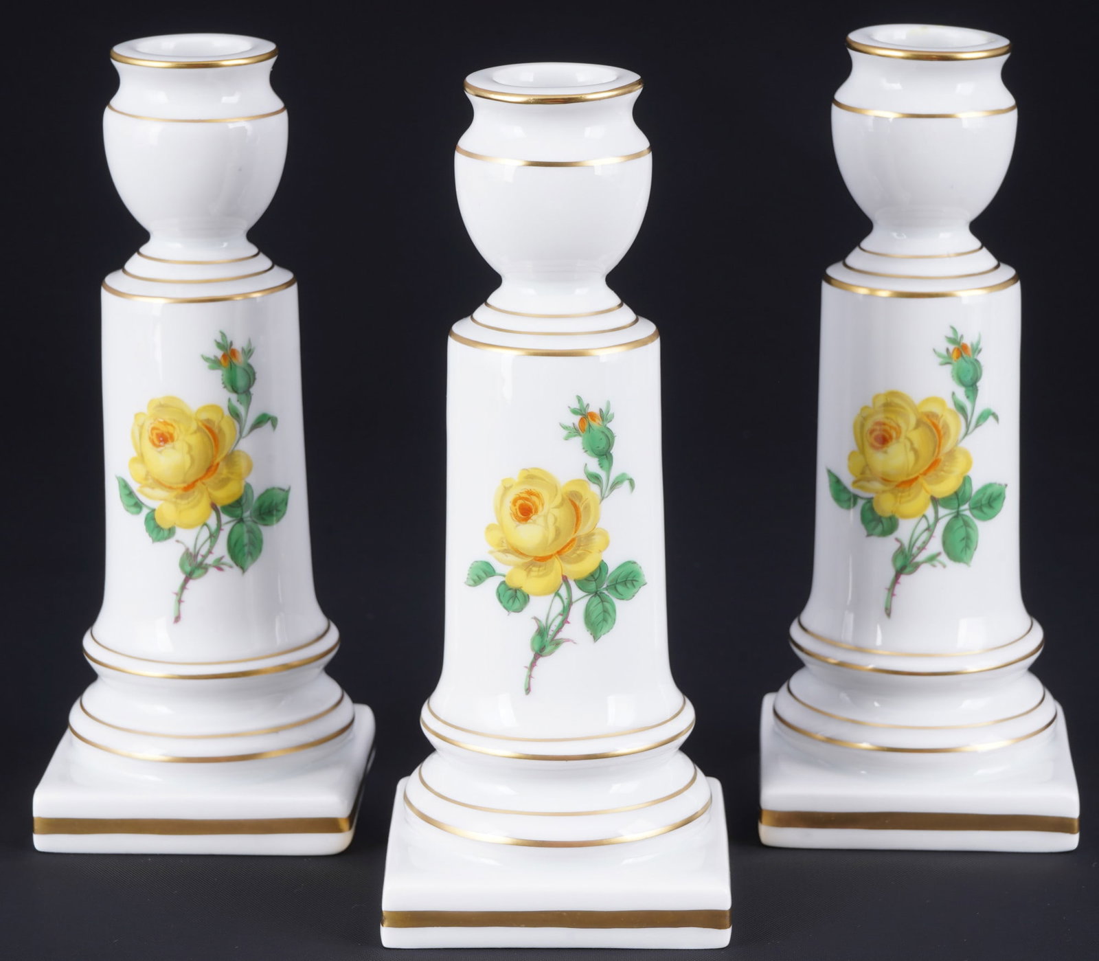 Meissen Yellow Rose 3 candlesticks: porcelain, blue sword mark with two grinding strokes 2nd choice, decor Yellow Rose, 3x H 15 cm x W 6 cm