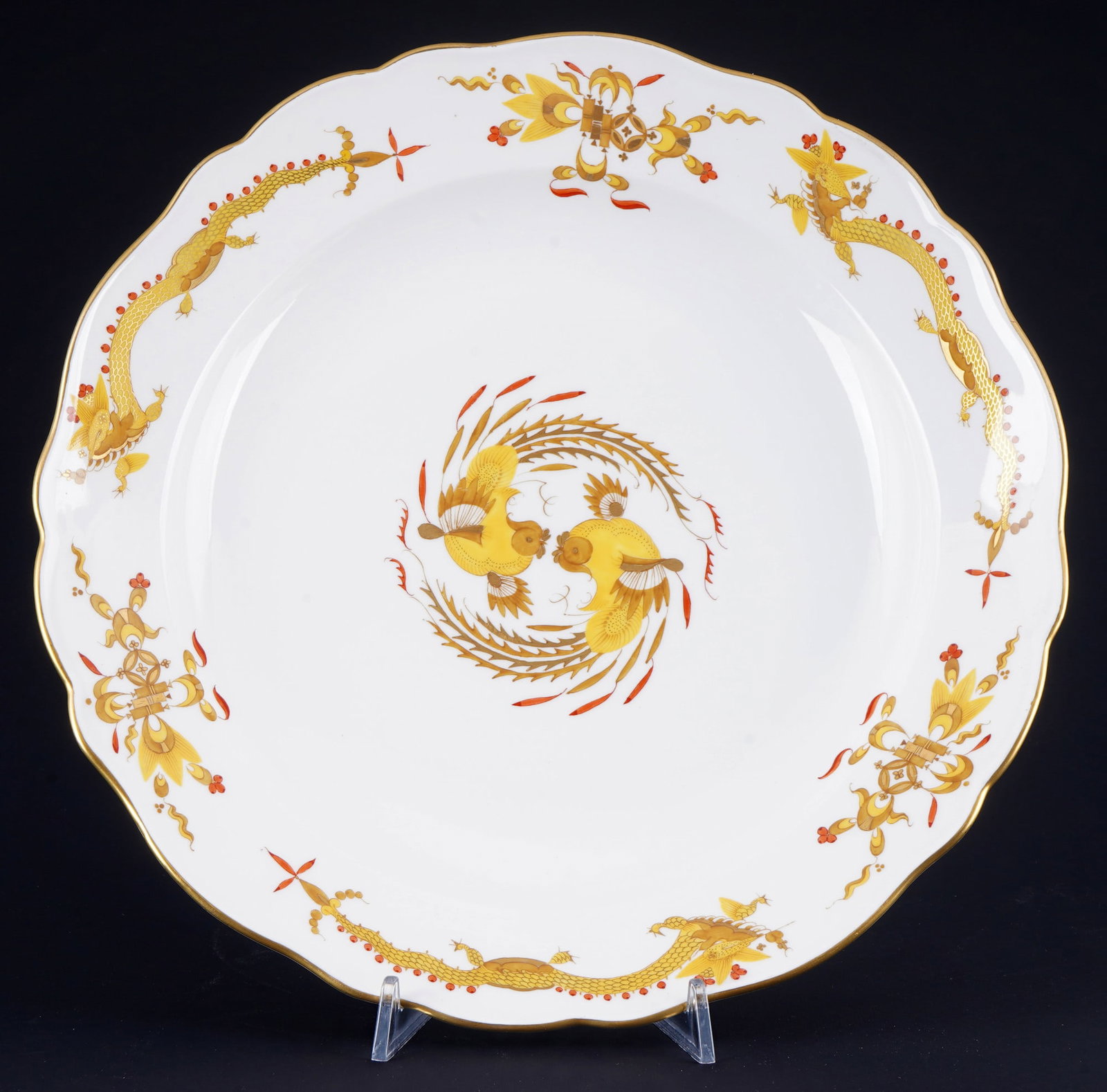 Meissen Court Dragon Yellow large bowl 1st choice,: porcelain, blue sword mark 1st choice, decor Yellow Rich Court Dragon, decor no. 68d, H 6 cm x D 35 cm