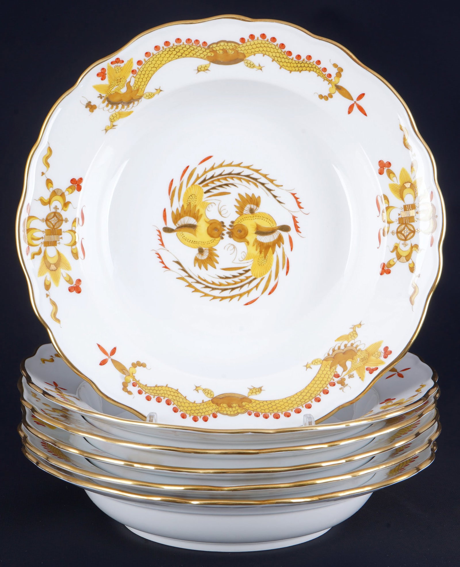 Meissen Court Dragon Rich Yellow 6 soup plates 1st choice, (1 of 3)