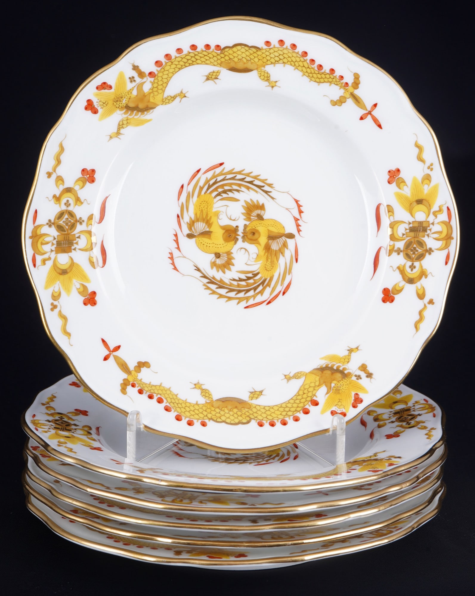 Meissen Court Dragon Rich Yellow 6 dessert plates 1st choice,: porcelain, blue sword mark 1st choice, decor Yellow Court Dragon Rich, decor no. 68d, 6x D 15.5 cm, light gold abrasion