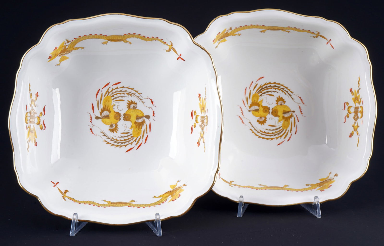 Meissen Court Dragon Yellow 2 square bowls 1st choice, (1 of 4)